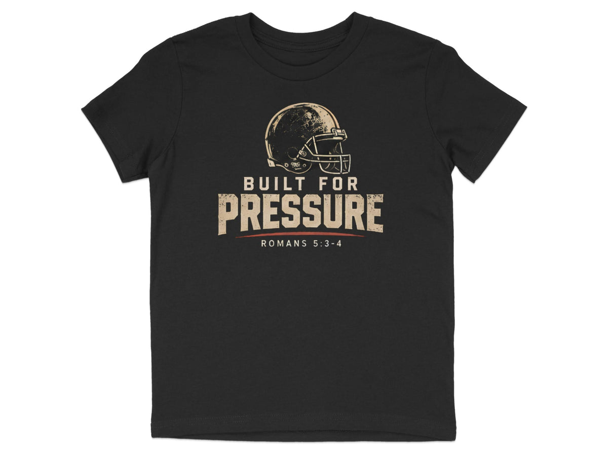 Black t-shirt with vintage football helmet and "Built for Pressure Romans 5:3-4" text.
