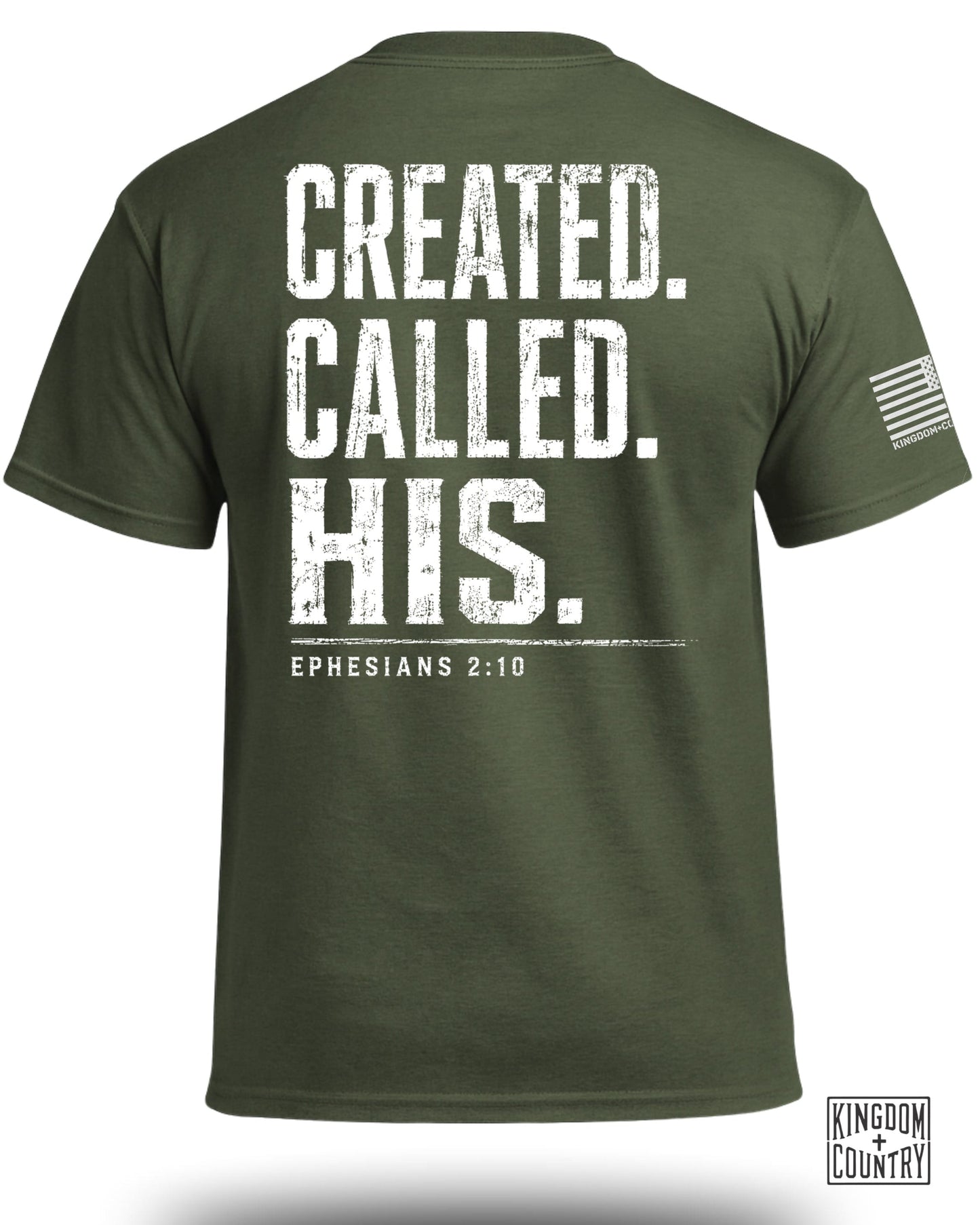 Green t-shirt with white text "CREATED. CALLED. HIS." and "EPHESIANS 2:10".