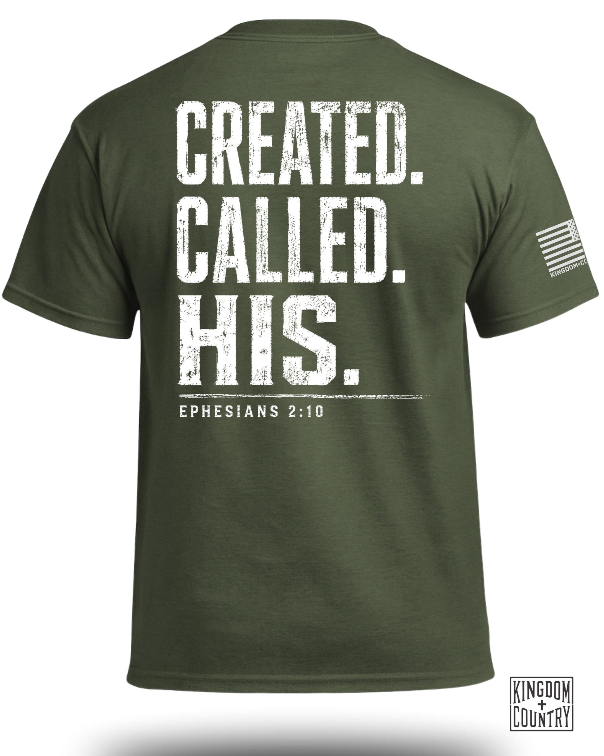 Green t-shirt with white text "CREATED. CALLED. HIS." and "EPHESIANS 2:10".