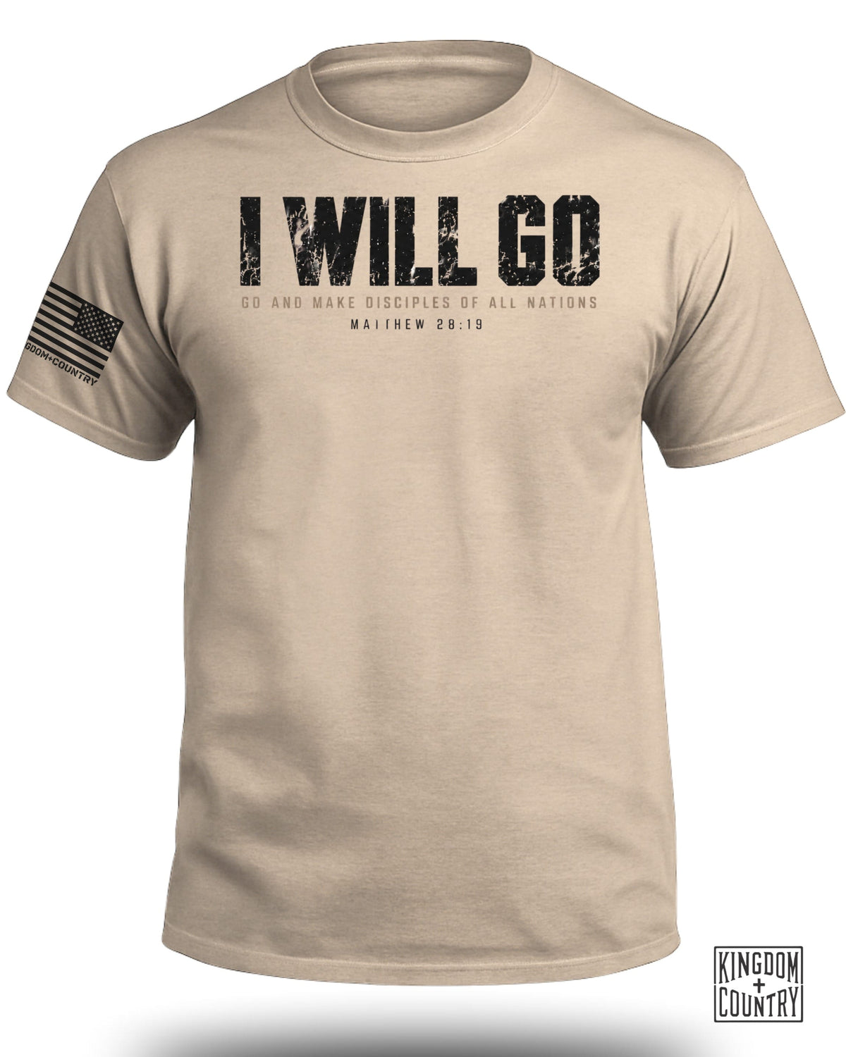 A tan t-shirt with "I WILL GO" and scripture text printed on the chest.