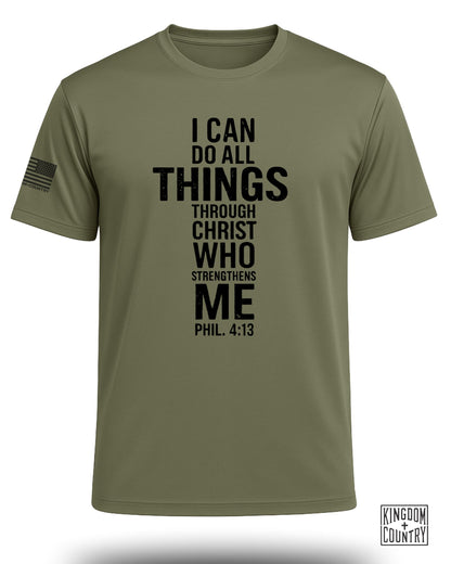 Olive t-shirt with black text "I CAN DO ALL THINGS THROUGH CHRIST WHO STRENGTHENS ME" and "PHIL. 4:13".