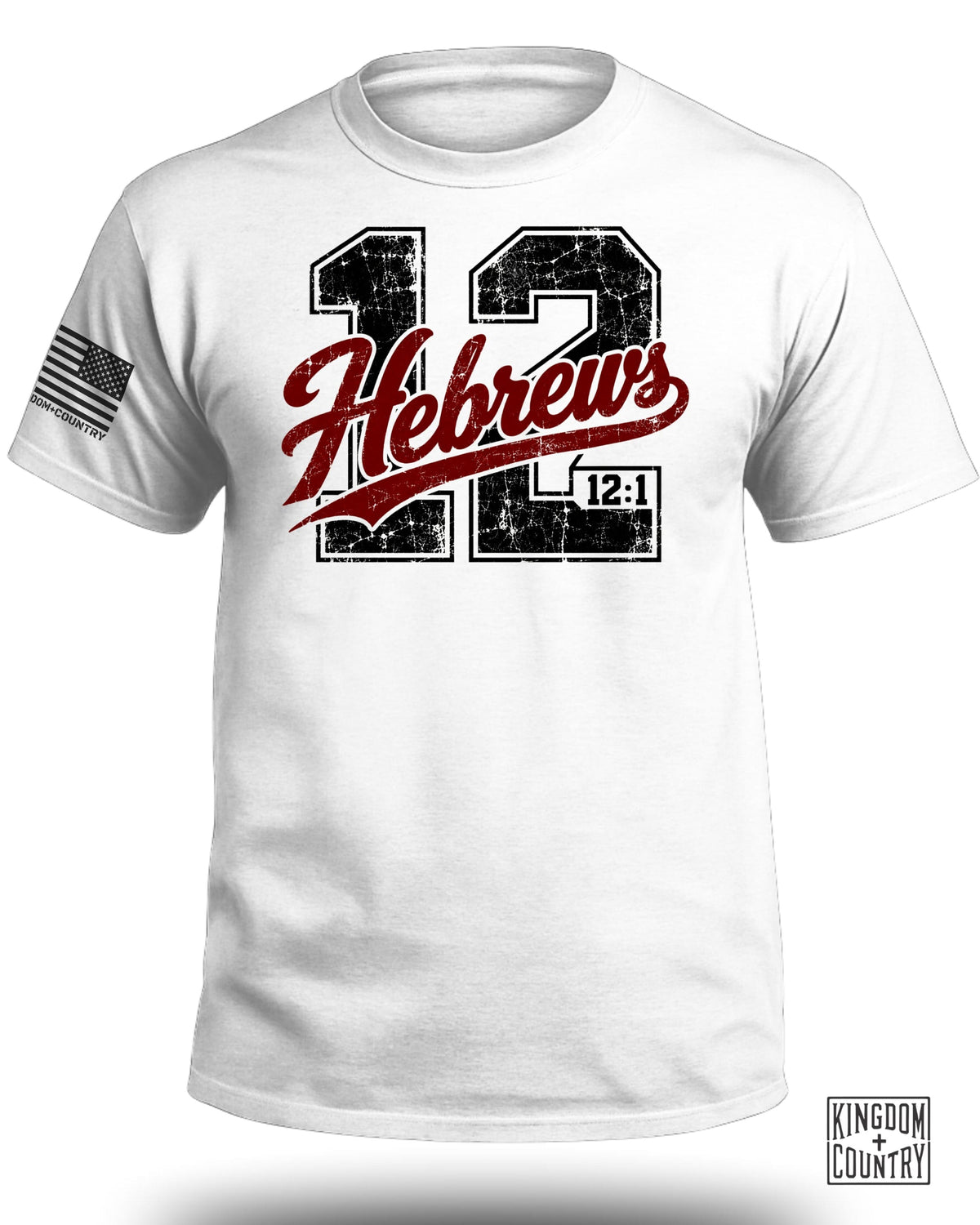 White t-shirt with "Hebrews 12:1" and American flag detail.