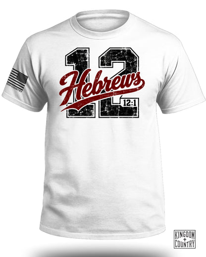 White t-shirt with "Hebrews 12:1" and American flag detail.