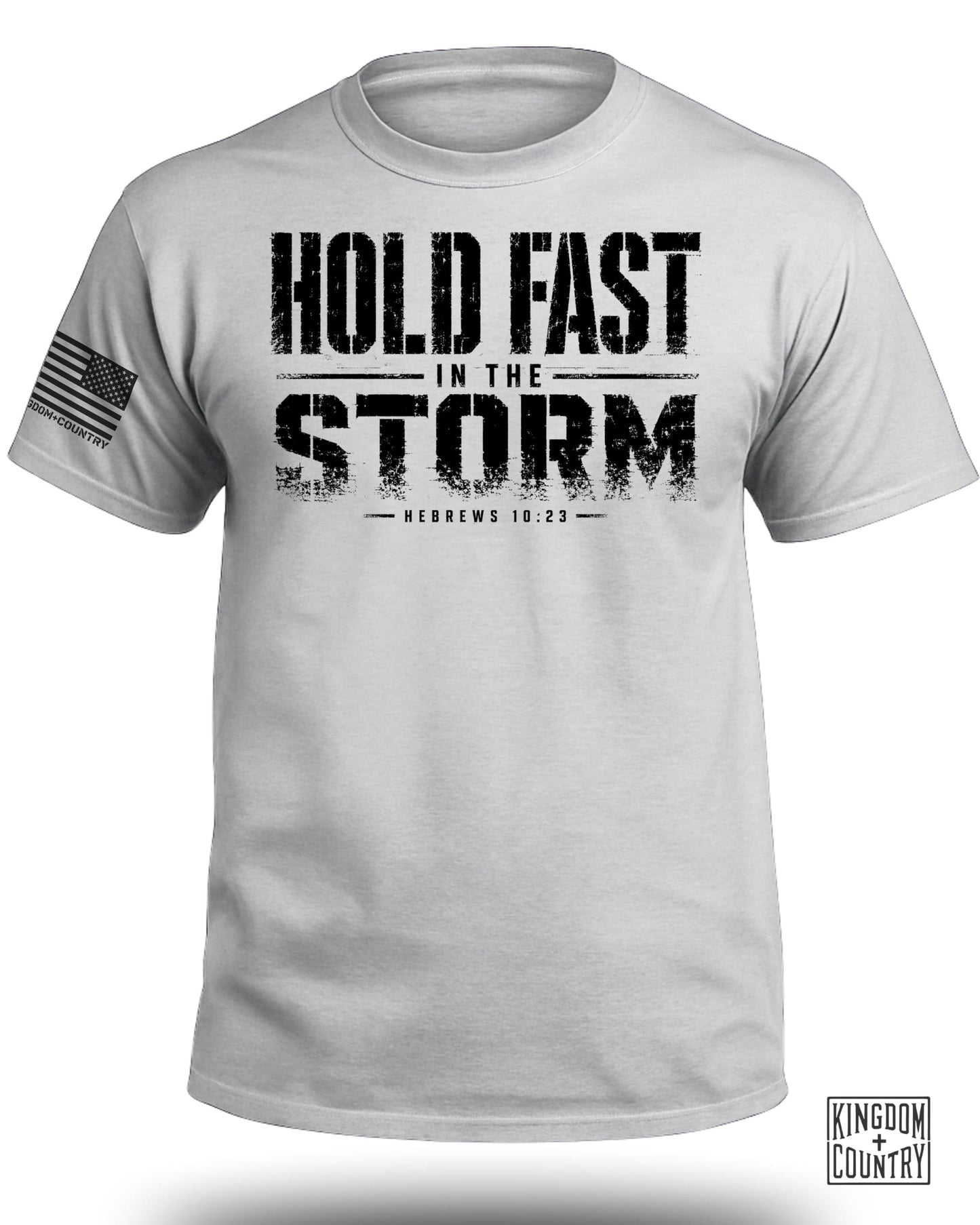 Light grey t-shirt with "HOLD FAST IN THE STORM HEBREWS 10:23" graphic and American flag patch.