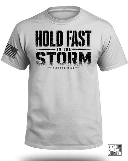 Light grey t-shirt with "HOLD FAST IN THE STORM HEBREWS 10:23" graphic and American flag patch.