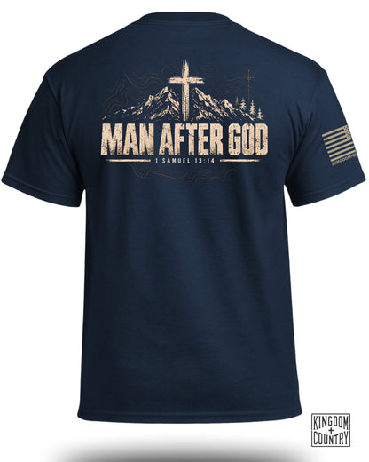 Navy t-shirt with mountains, cross, and text "MAN AFTER GOD 1 SAMUEL 13:14".
