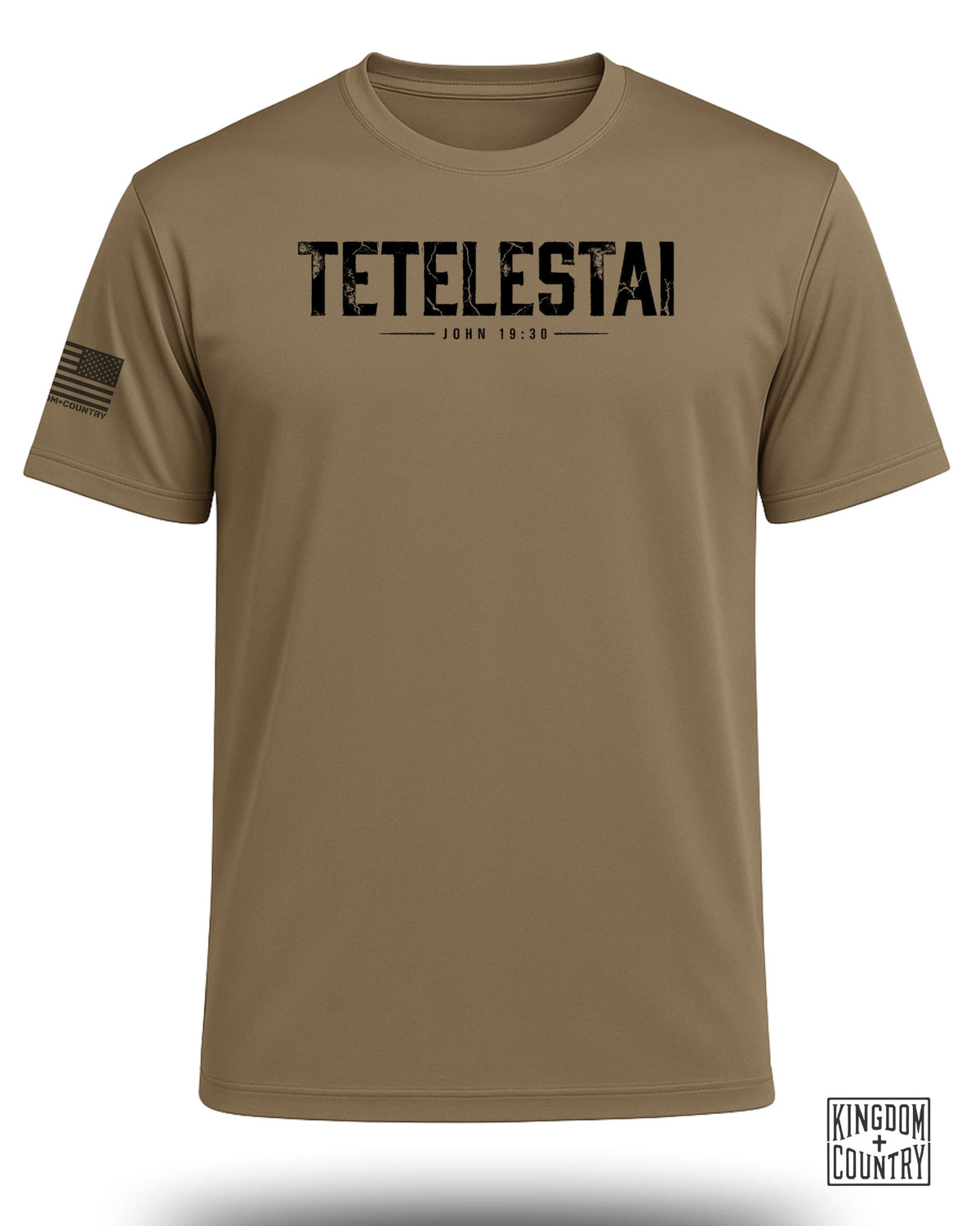 Tan t-shirt with "TETELASTAI JOHN 19:30" text and US flag on sleeve.
