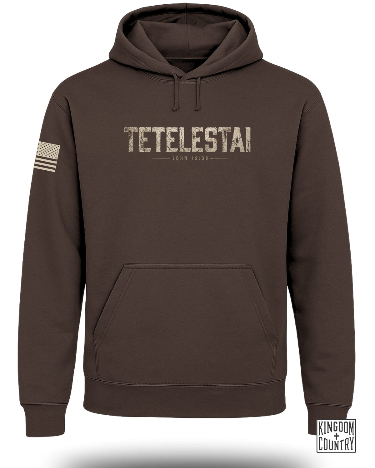 Brown hooded sweatshirt with "TETEL'ESTAI JOHN 19:30" text and US flag patch.