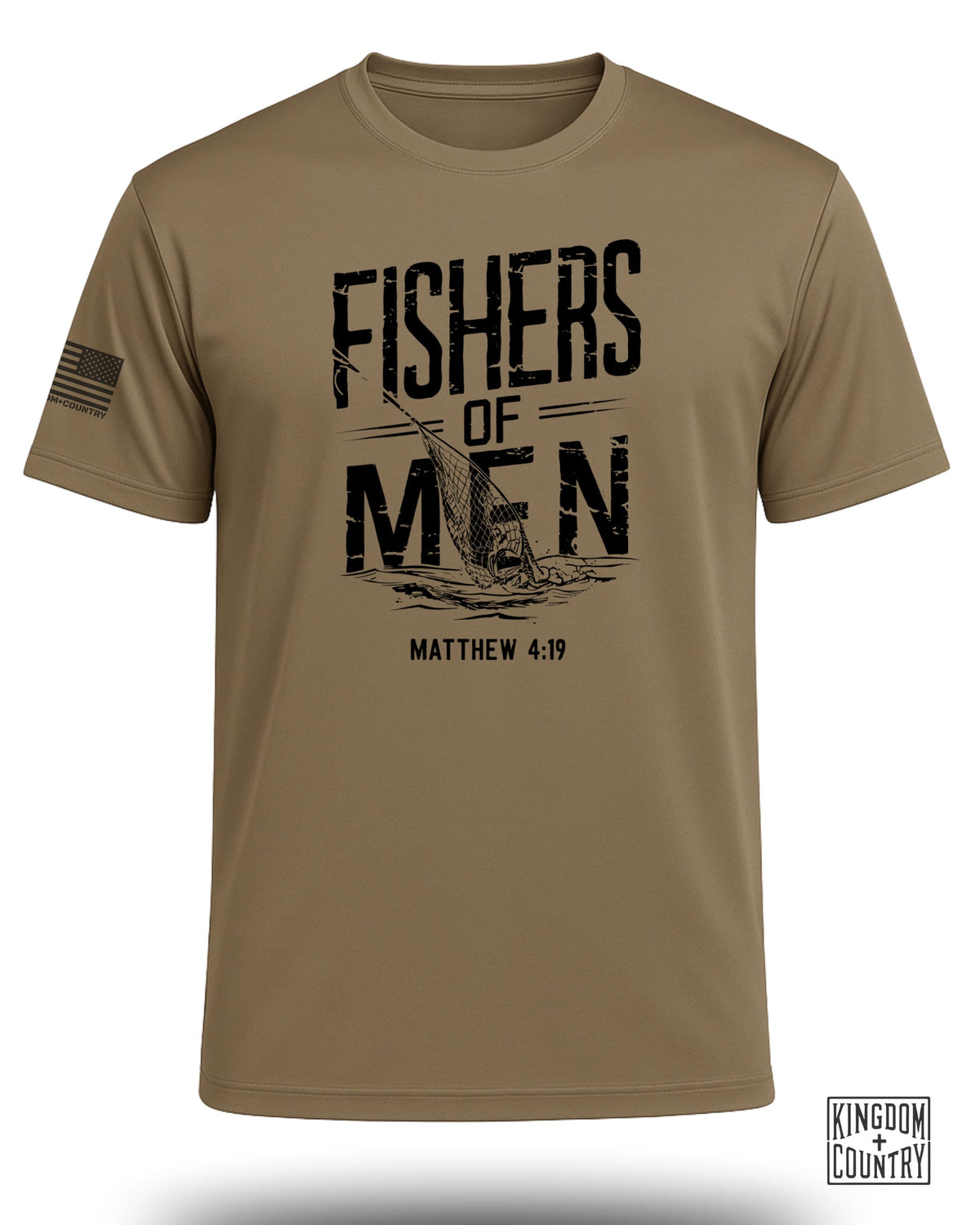 T-shirt with "Fishers of Men Matthew 4:19" graphic and American flag.