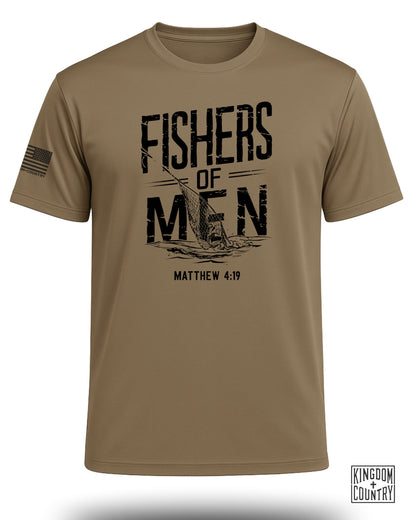 T-shirt with "Fishers of Men Matthew 4:19" graphic and American flag.
