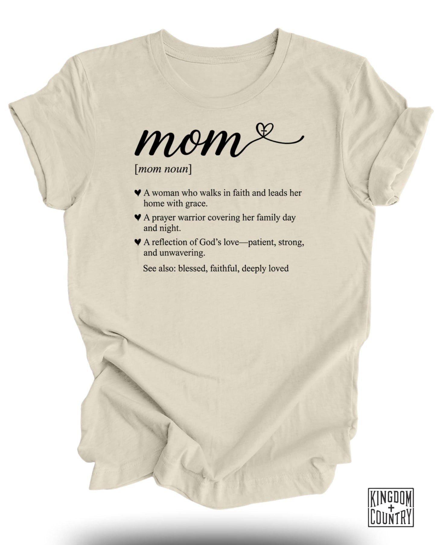 Cream t-shirt with "mom [noun]" definition about faith and grace.