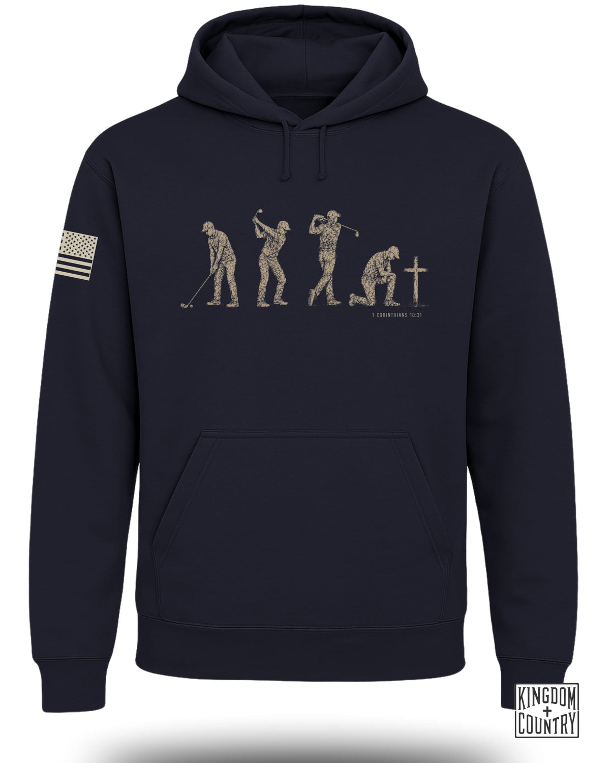 Navy hoodie with graphic of golfer's evolution and cross, 1 Corinthians 10:31