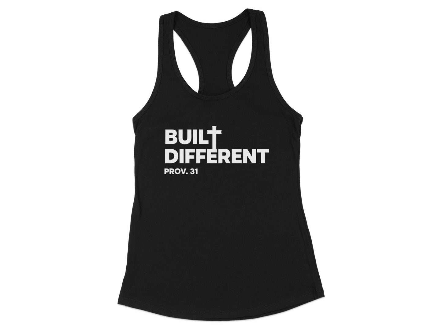 Black tank top with "Built Different" and "Prov. 31" in white text.