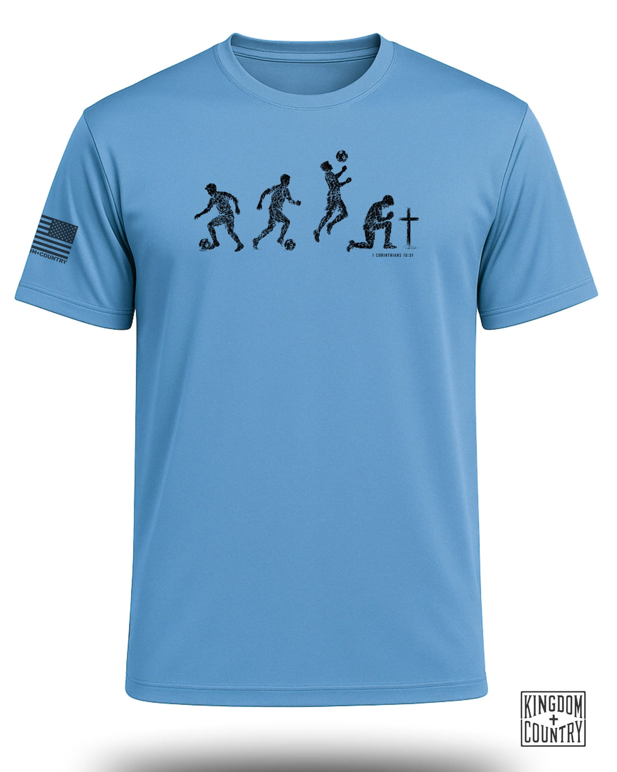 Soccer evolution graphic with Bible verse "1 Corinthians 10:31" on light blue shirt.