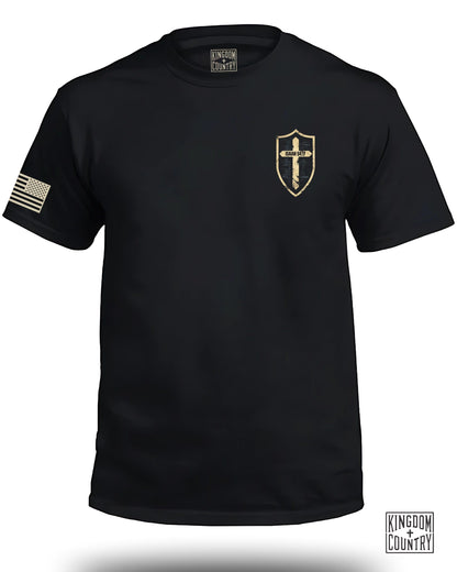 Black Graphic T-Shirt with Shield and Flag Design product