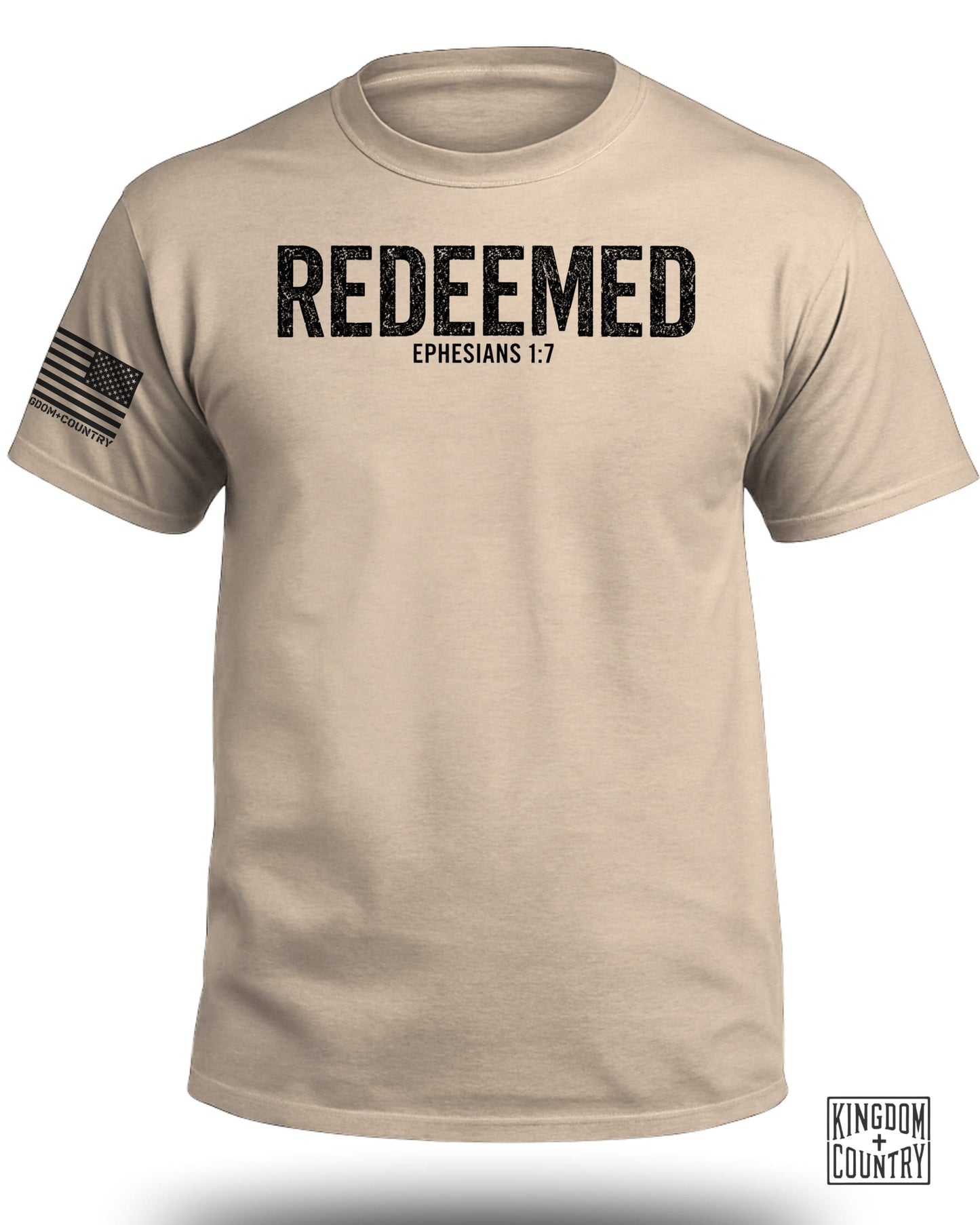 Tan t-shirt with "REDEEMED EPHESIANS 1:7" and American flag graphic.