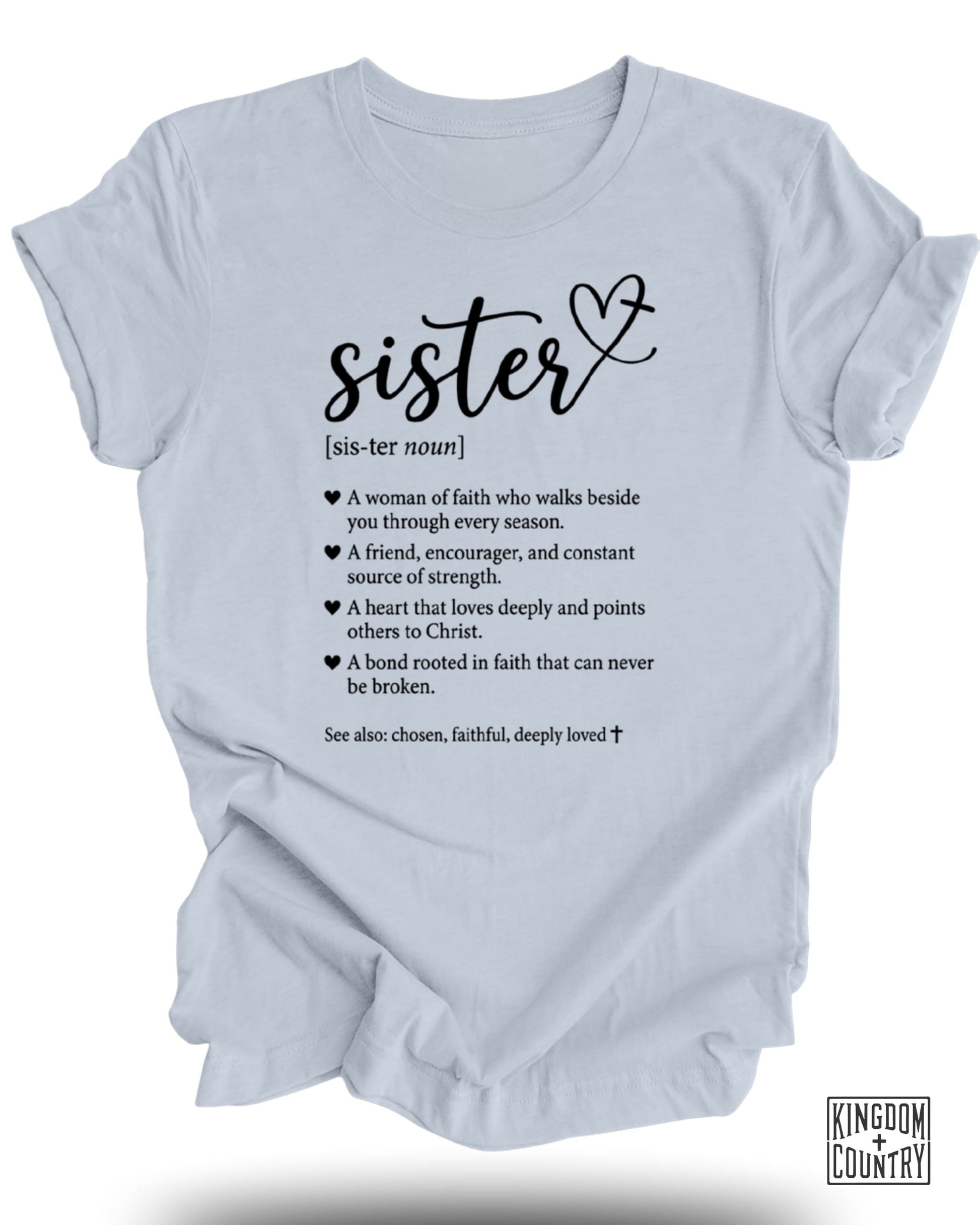 "Sister" definition with heart icons and Christian affirmations, Kingdom Country logo.
