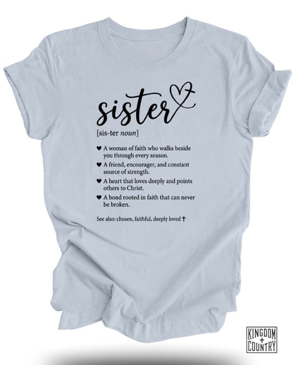 "Sister" definition with heart icons and Christian affirmations, Kingdom Country logo.