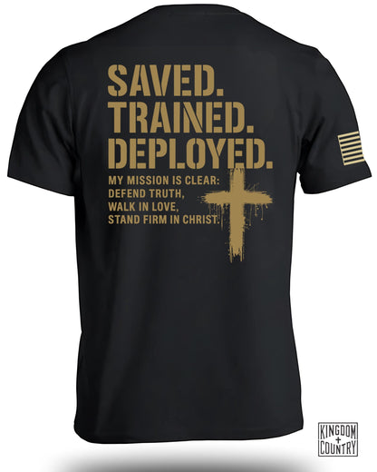 Saved. Trained. Deployed. Christian T-shirt product