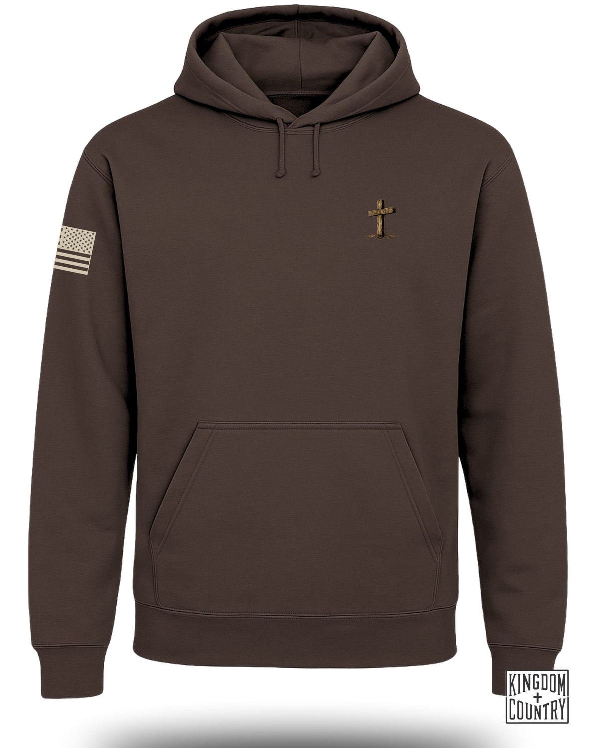 Brown hoodie with a wooden cross and "Psalm 23:4" on chest and US flag on sleeve.