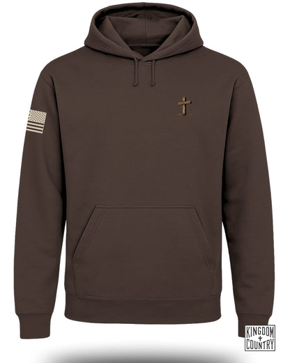 Brown hoodie with a wooden cross and "Psalm 23:4" on chest and US flag on sleeve.