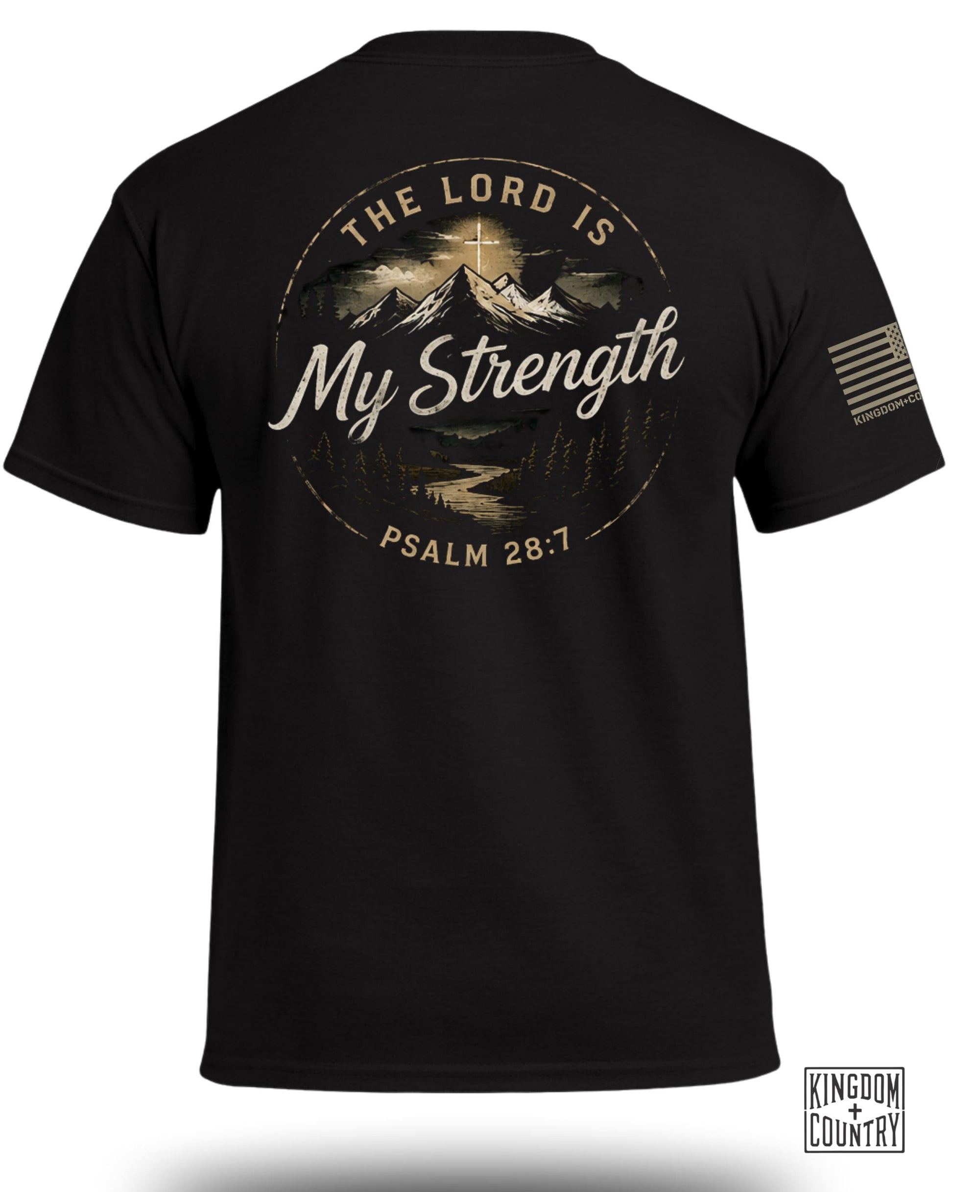 Black t-shirt with circular graphic of mountains, river, and trees. Text reads "The Lord Is My Strength Psalm 28:7".