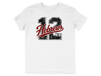 White t-shirt with distressed black "12" and red "Hebrews 12:1" text.