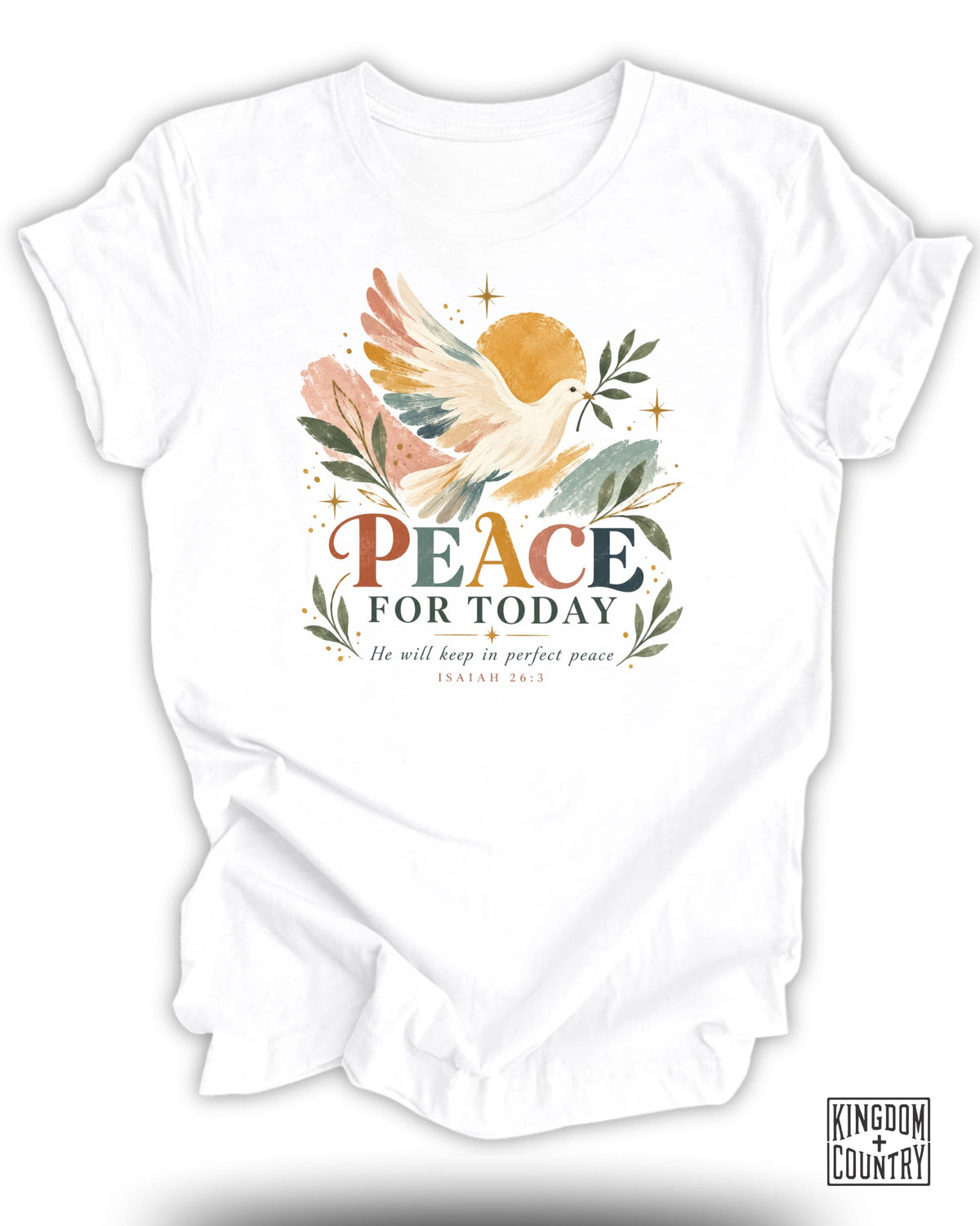 White t-shirt with "PEACE FOR TODAY" and Isaiah 26:3 quote.