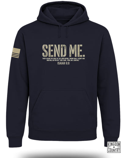 Navy hoodie with "SEND ME" and Isaiah 6:8 text, US flag detail.