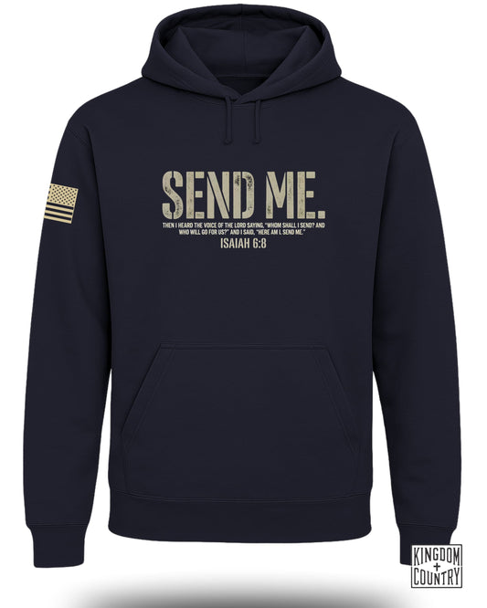 Navy hoodie with "SEND ME" and Isaiah 6:8 text, US flag detail.