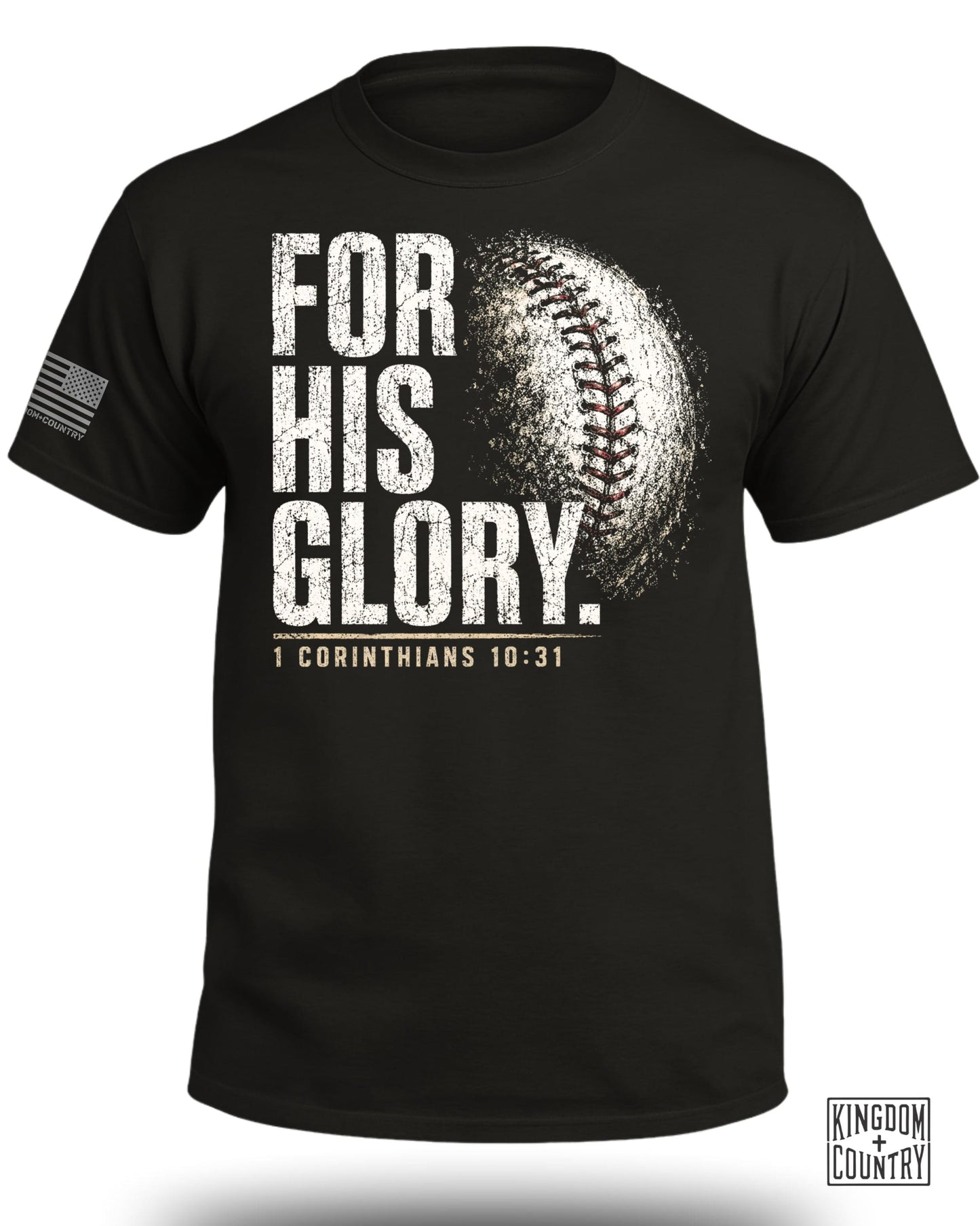Black t-shirt with distressed baseball and "FOR HIS GLORY. 1 CORINTHIANS 10:31" text.