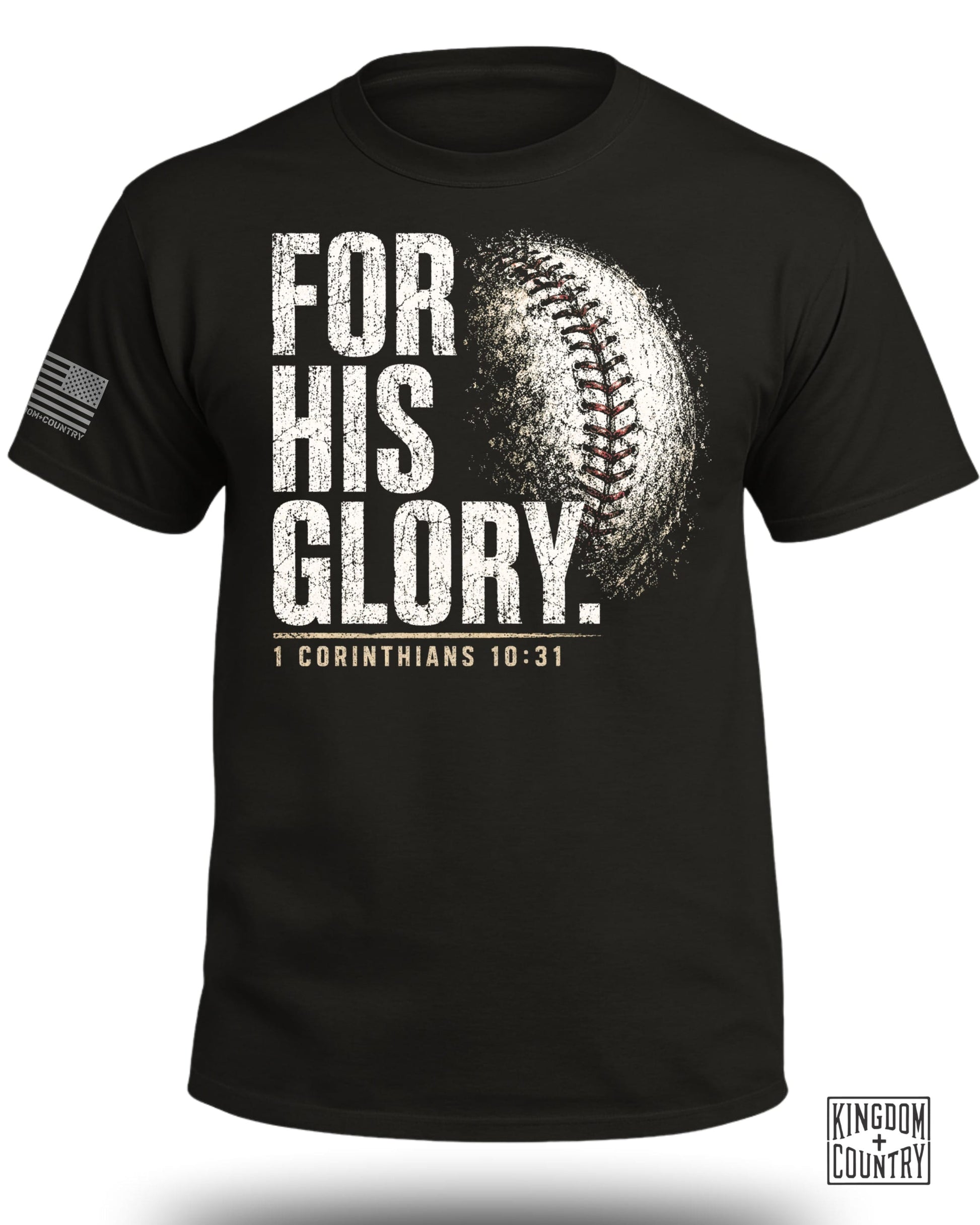Black t-shirt with distressed baseball and "FOR HIS GLORY. 1 CORINTHIANS 10:31" text.