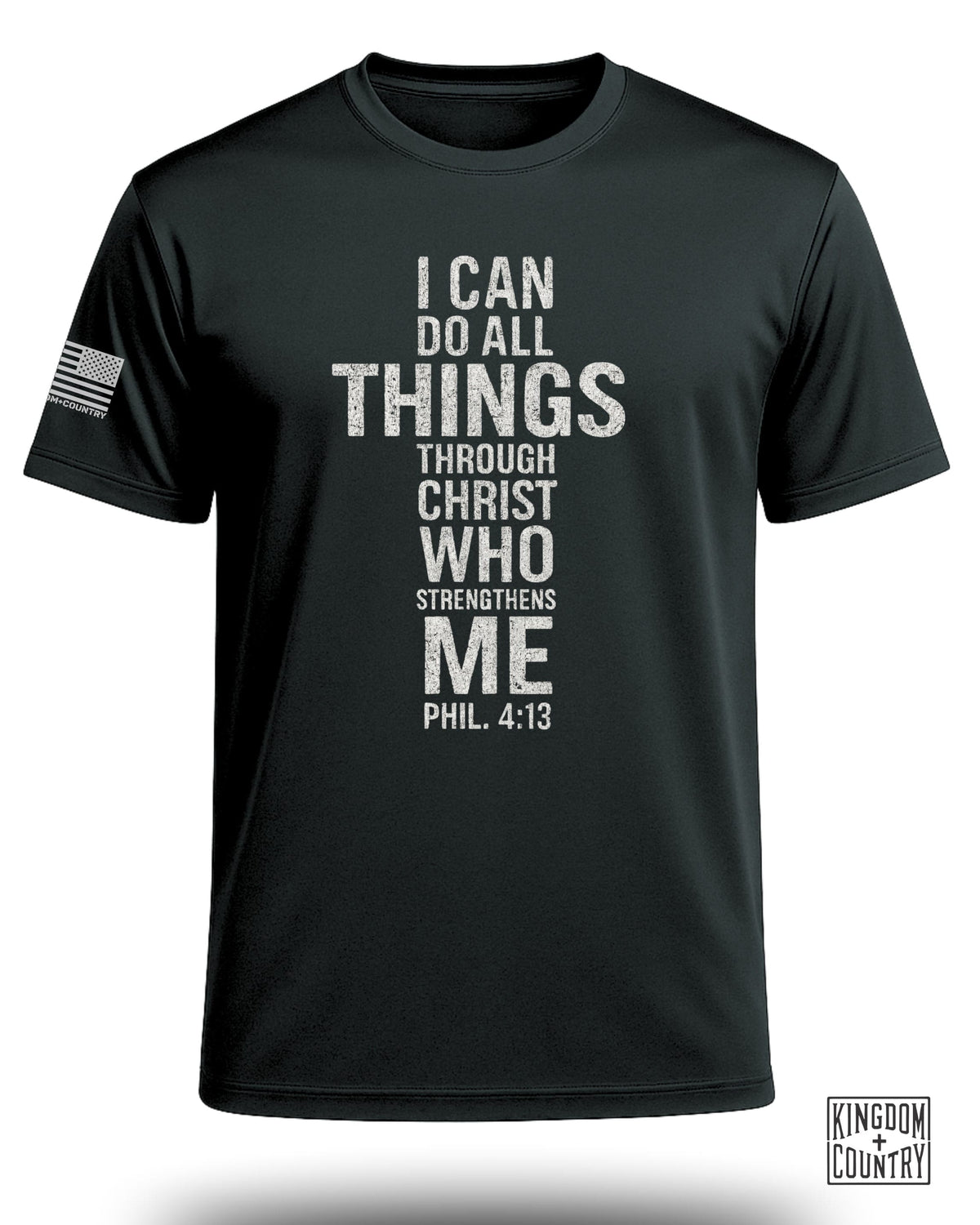 Black t-shirt with distressed text "I CAN DO ALL THINGS THROUGH CHRIST WHO STRENGTHENS ME PHIL. 4:13".