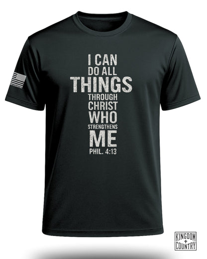 Black t-shirt with distressed text "I CAN DO ALL THINGS THROUGH CHRIST WHO STRENGTHENS ME PHIL. 4:13".