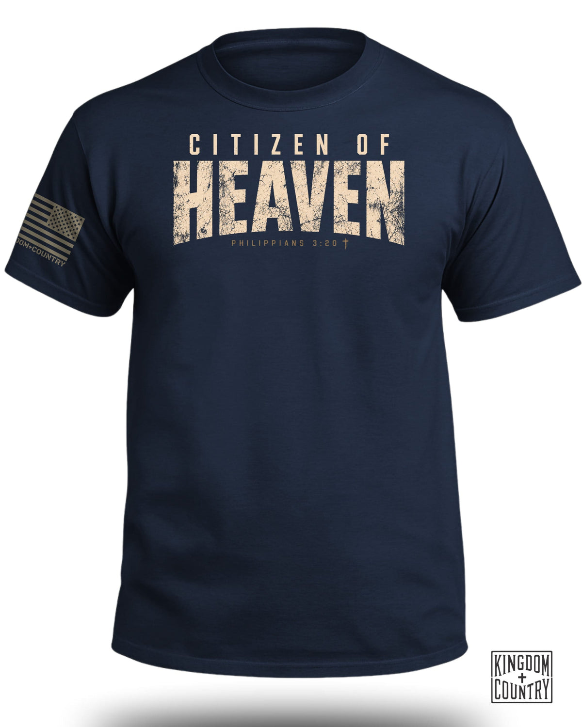 Navy t-shirt with "Citizen of Heaven" text and Philippians 3:20.