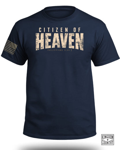 Navy t-shirt with "Citizen of Heaven" text and Philippians 3:20.