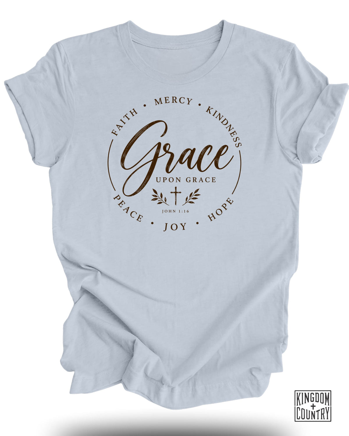 Light blue t-shirt with "Grace Upon Grace" and "John 1:16" text.