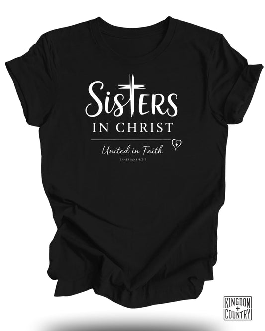 Black t-shirt with "Sisters in Faith" and Ephesians 4:2-3.