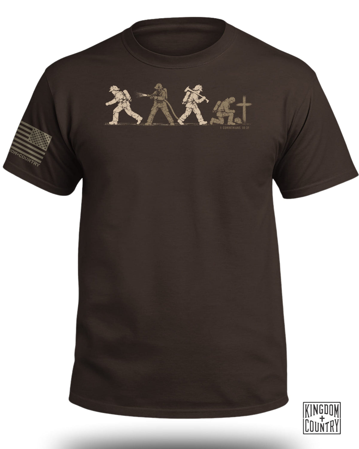 Brown t-shirt featuring a graphic of four firefighters, a cross, and an American flag on the sleeve.