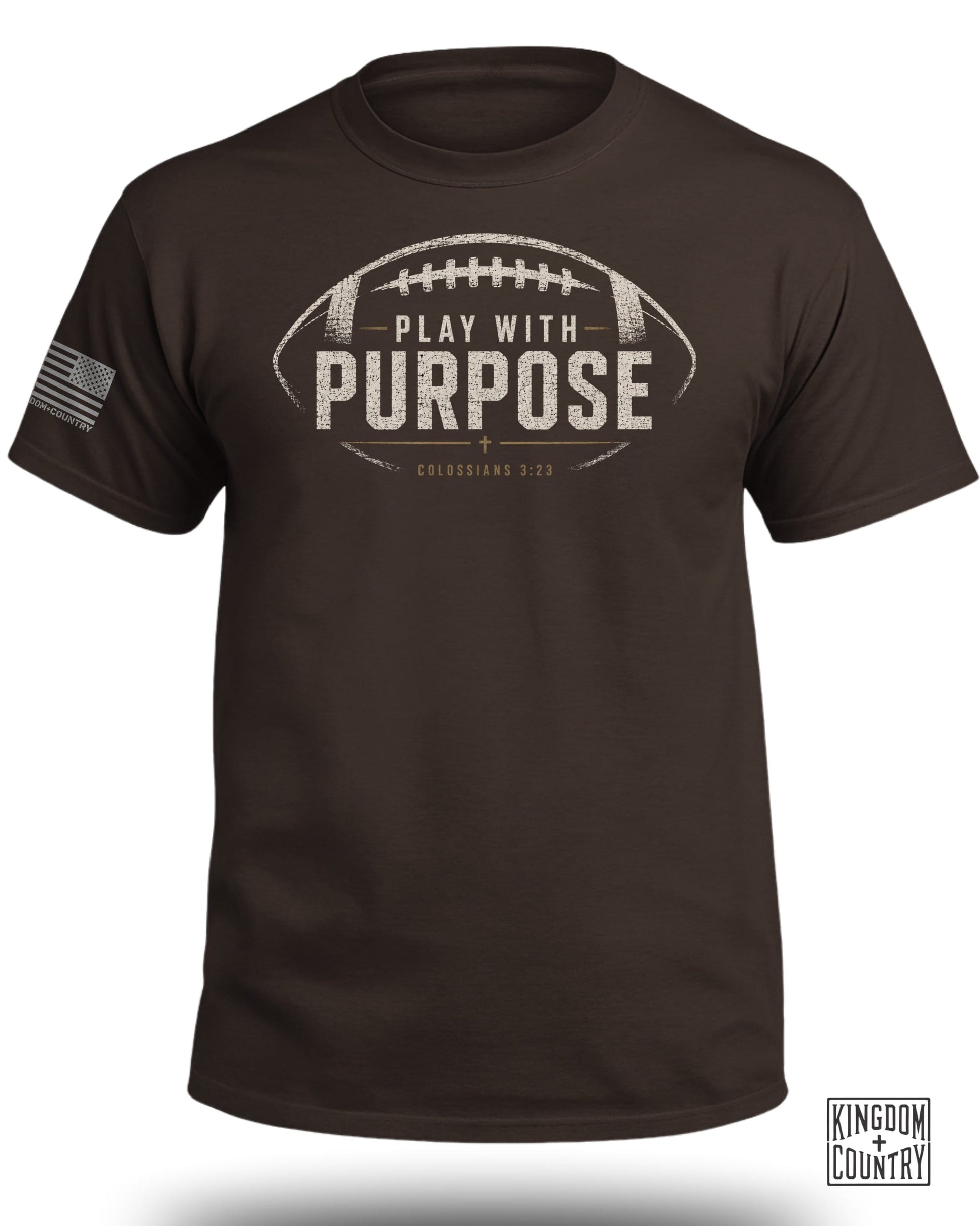 Brown t-shirt with football graphic, text "Play With Purpose", and Colossians 3:23.