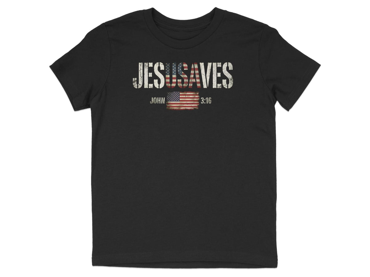 Black t-shirt with distressed "JESUS SAVES" text and American flag accent.