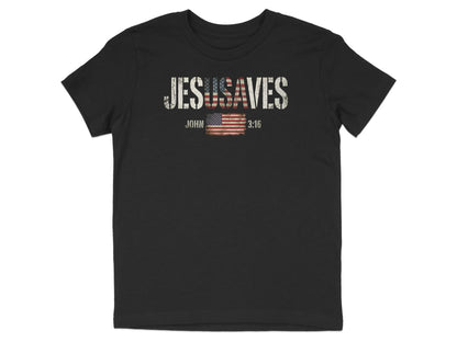 Black t-shirt with distressed "JESUS SAVES" text and American flag accent.