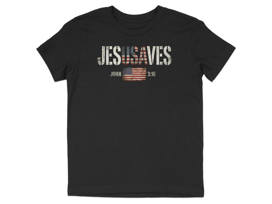 Black t-shirt with distressed "JESUS SAVES" text and American flag accent.