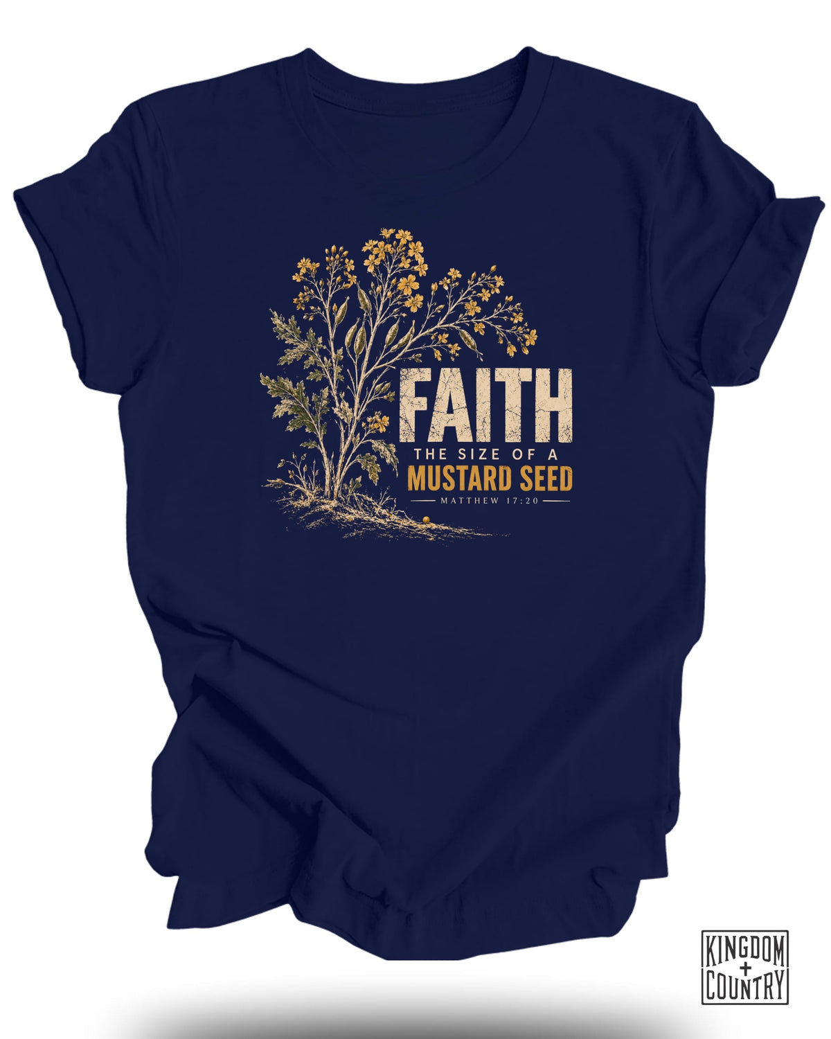 Dark blue t-shirt with "FAITH THE SIZE OF A MUSTARD SEED MATTHEW 17:20" text.