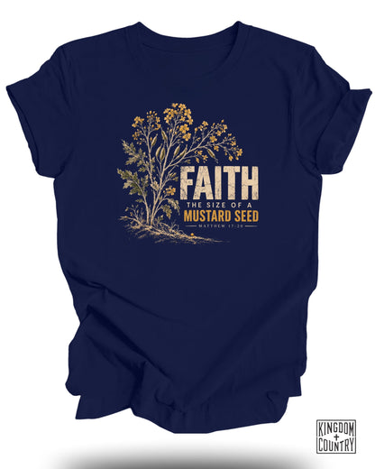 Dark blue t-shirt with "FAITH THE SIZE OF A MUSTARD SEED MATTHEW 17:20" text.