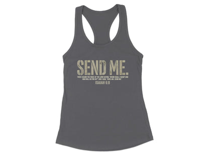 Gray tank top with "SEND ME" and Isaiah 6:8 scripture.
