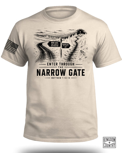 T-shirt with graphic of road sign pointing to narrow and wide gates, Matthew 7:13-14.