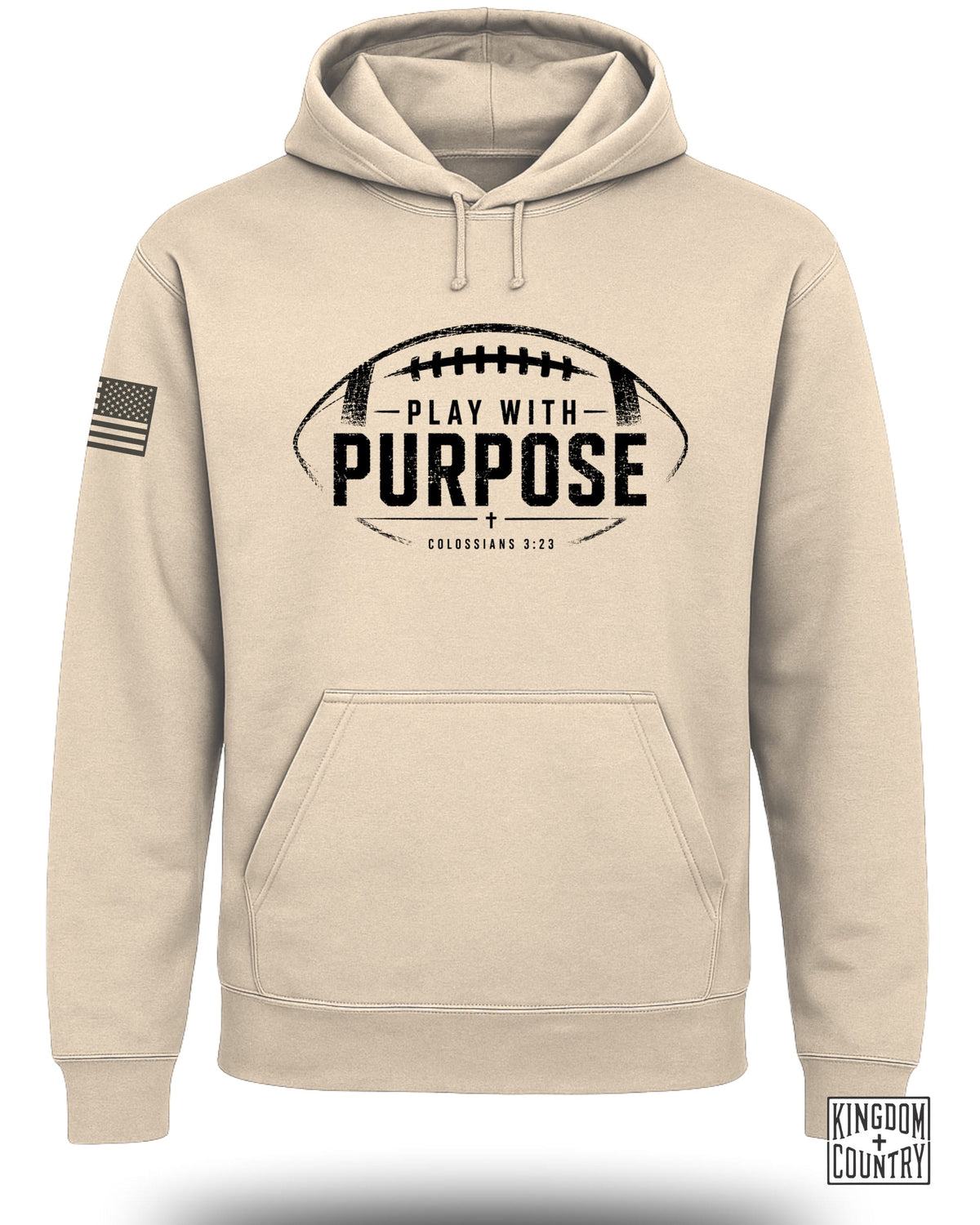 Tan hooded sweatshirt with American flag on sleeve and "Play With Purpose" text.