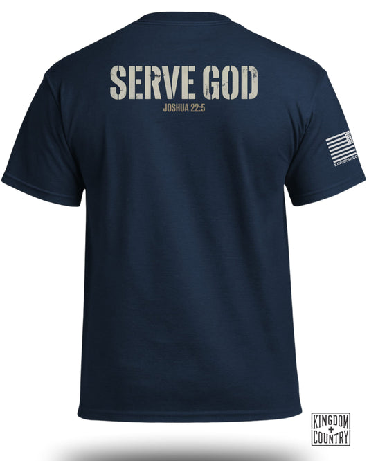 Navy t-shirt with "SERVE GOD JOSHUA 22:5" printed on the back.