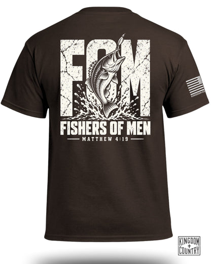 Brown t-shirt with graphic of bass fish jumping for lure and text "FQM FISHERS OF MEN MATTHEW 4:19".